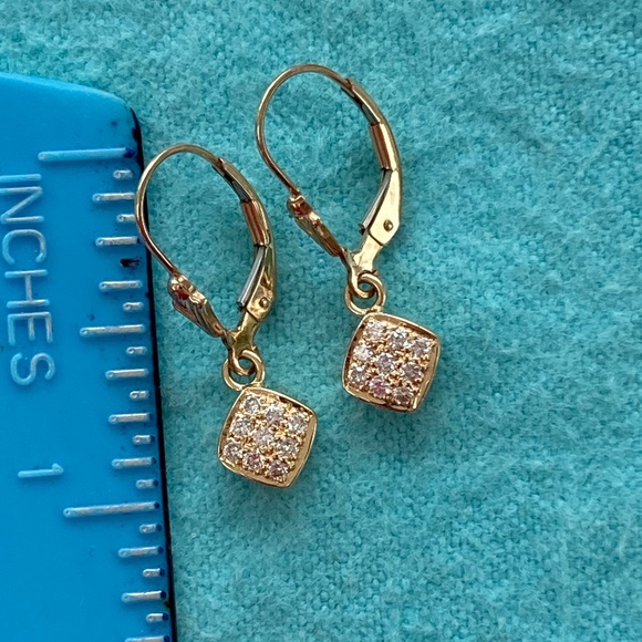 14k gold square diamond lever back earrings - Picture 9 of 10